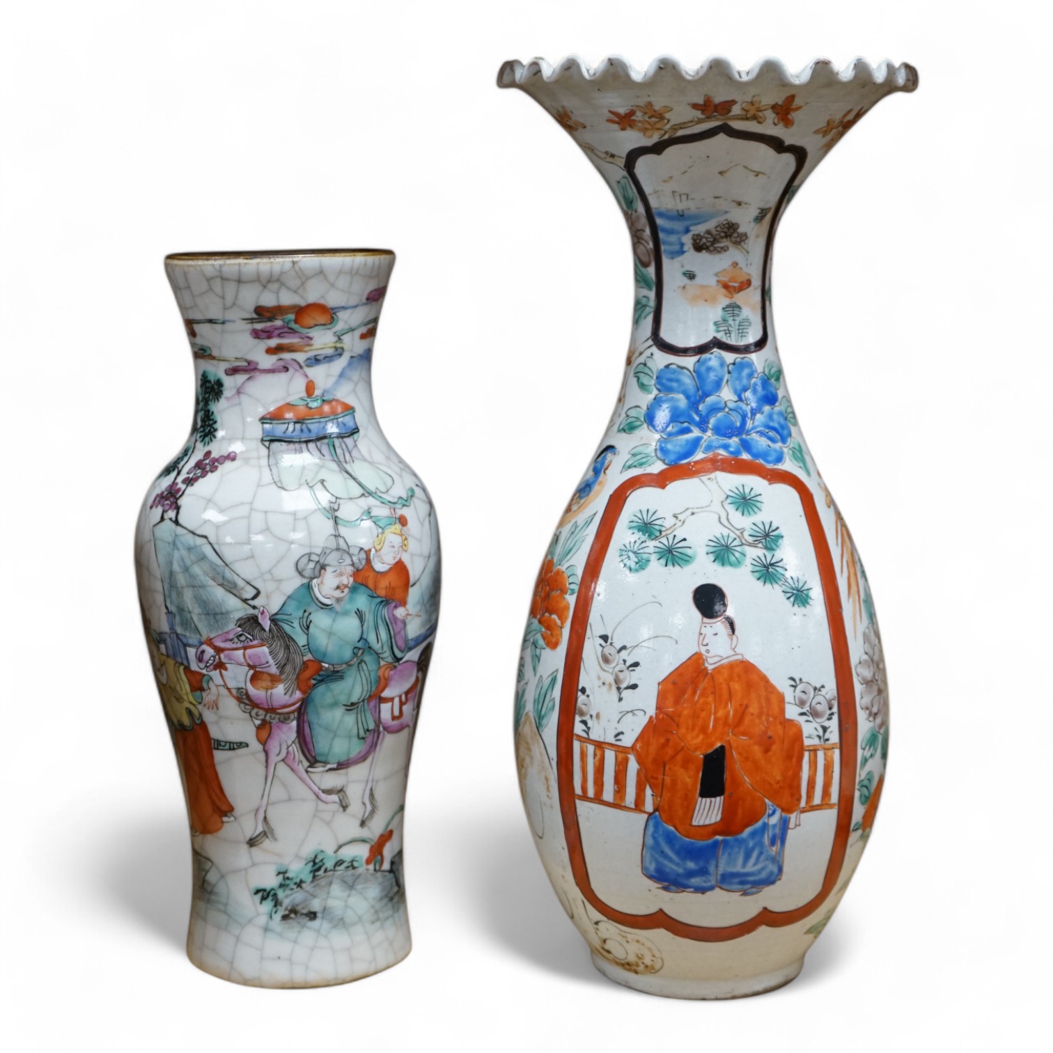 A Chinese famille rose crackle glaze vase and another Japanese vase, 30.5cm. Condition - good